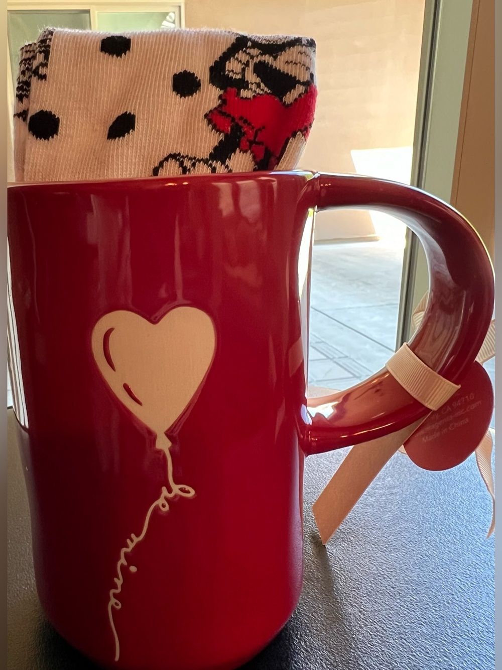Magenta- Red - Rae Dunn Ceramic Mug with White Heart Balloon Design